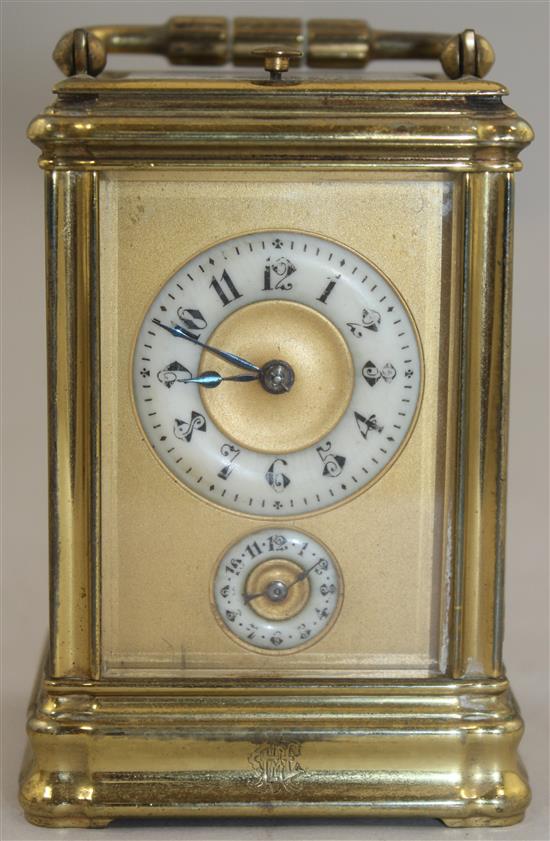 A late 19th century French Drocourt & Co brass hour repeating carriage clock, 4.25in.